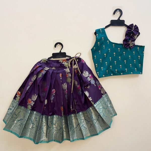 Plum Color Skirt and Ramar Blue Top Semi Kanchipattu Paavadai and Sattai (Pre-Booking)