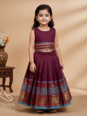 Maroon and Light Blue Border Kanchi Cotton Paavadai Sattai (Pre-Booking)