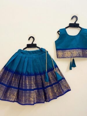 Light Blue and Navy Blue Border Kanchi Cotton Paavadai Sattai (Pre-Booking)