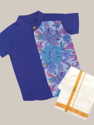 Blue Floral Panel Silk shirt with Pattu Vesti set for Boys (Ready to Dispatch)