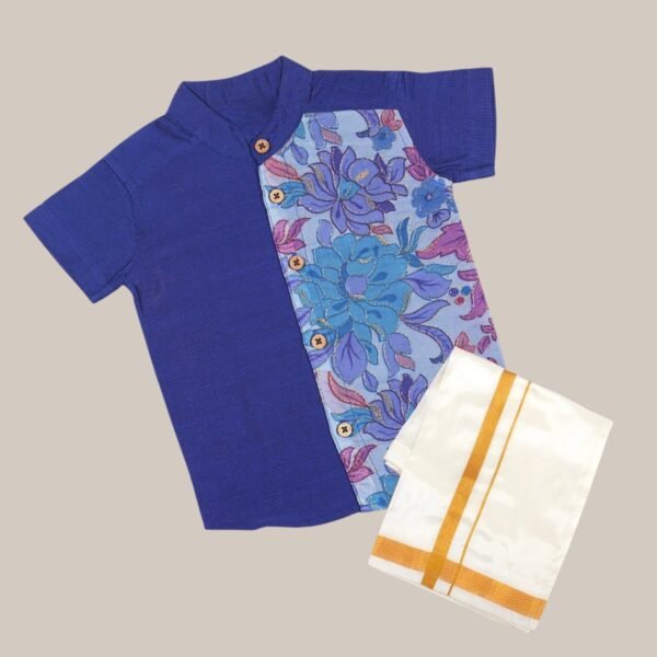 Blue Floral Panel Silk shirt with Pattu Vesti set for Boys (Ready to Dispatch)