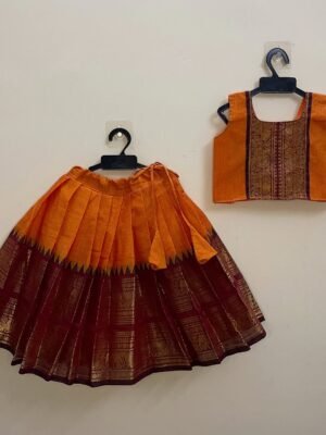 Narumugai Authentic Kanchi cotton Paavadai Sattai with traditional zari border - Orange and Maroon Color Combo (Pre-Booking)