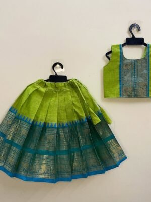 Mayura Authentic Kanchi cotton Paavadai Sattai with traditional zari border - Light Green and Light Blue Border (Pre-Booking)
