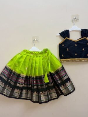 Premium Banarasi Silk Paavadai Sattai - Neon Green & Black Combo - (Pre Booking)